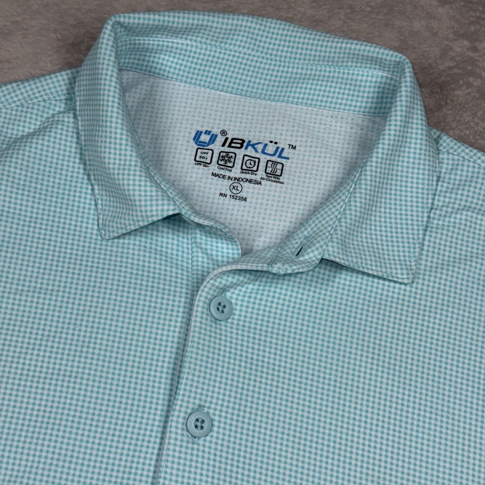 IBKUL Polo Shirt Mens XL Blue Gingham Check Cypress Woods Golf UPF 50+ Cool Feel